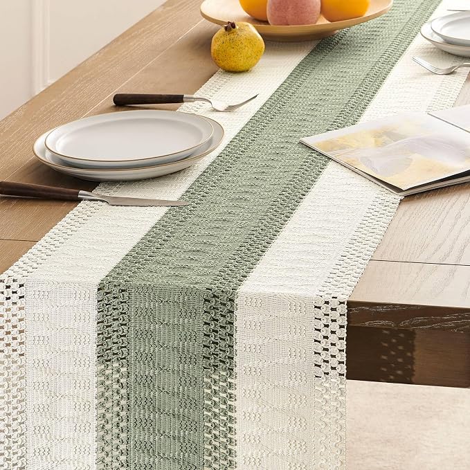 Macrame Style Bicolor Stitching Table Runner 14x72in Green | Woven Boho Table - Image 5