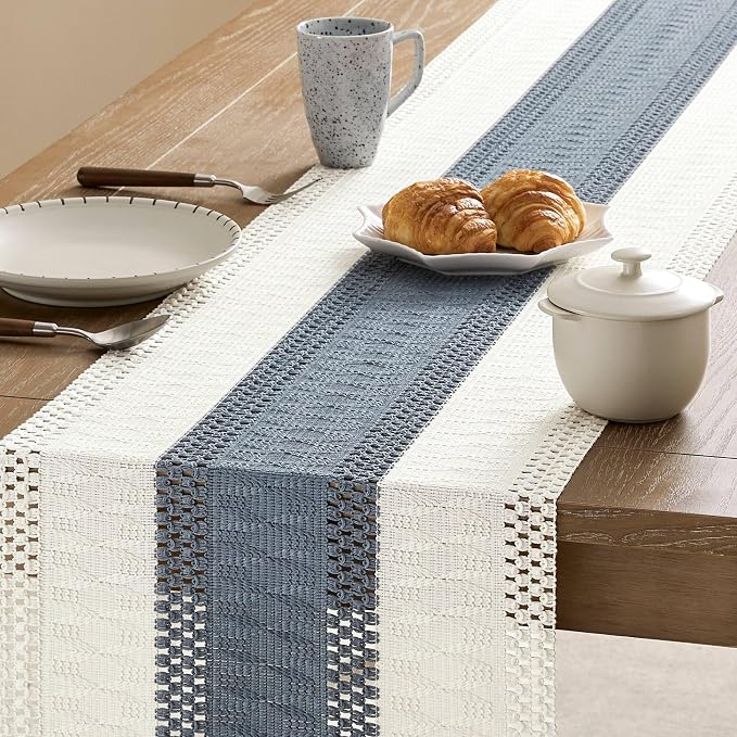 Macrame Style Bicolor Stitching Table Runner 14x108in Navy | Woven Boho Table - Image 4