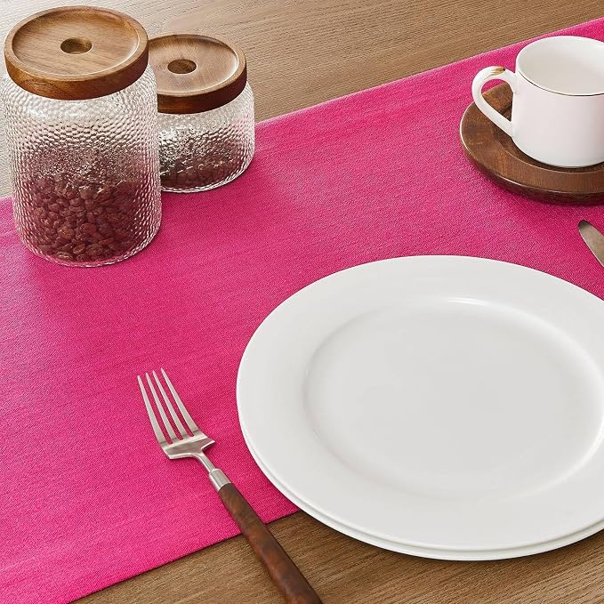 Linen Textured Border Table Runner, 14 x 108 Inch Hot Pink | Mitered Corner - Image 5