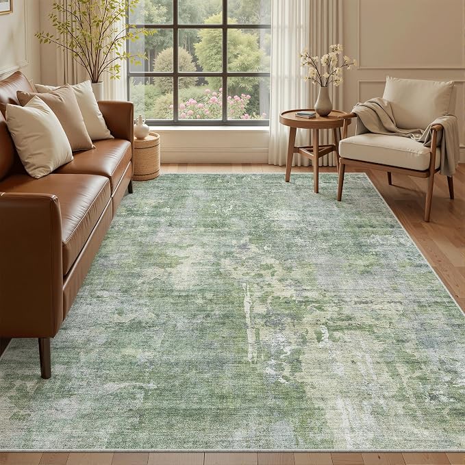 Soalmost Abstract Rug 5x7 Machine Washable Area Indoor Green Low Pile Non-Slip by Soalmost
