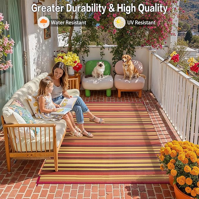 Outdoor Plastic Straw Rug Waterproof Patio 6x9 Red Orange Stripe Mat - Image 5