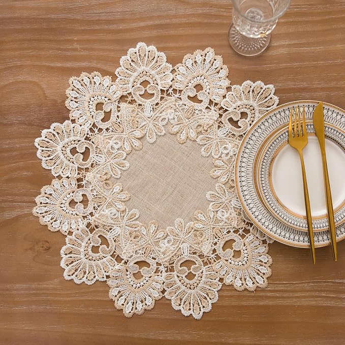 European Antique Jacquard Lace Table Doilies, Small Farmhouse Linen Embroidered - Image 3