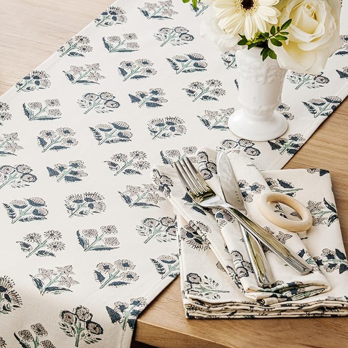 Block Print Floral Decorative Table Runners, 13x72 Inch Grey | 100% Organic - Image 2