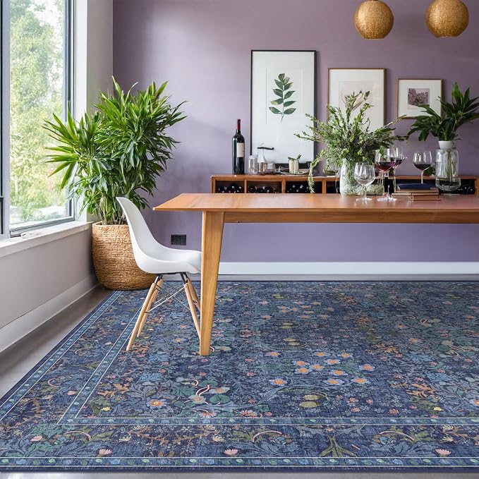 Hazo Haus Vintage Dark Blue Living Room Rug, 7x10 Washable Large Area Rugs - Image 3