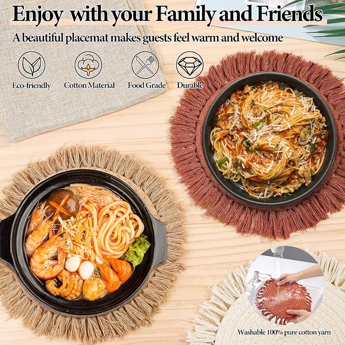 13 Inch Round Cotton Placemat Set of 4 Boho Placemats Table Mats Woven Washable - Image 4