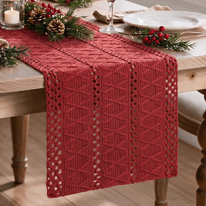 Artoid Mode Rose Red Woven Farmhouse Hollow Table Runner 12x108 Inch | Holiday - Image 2