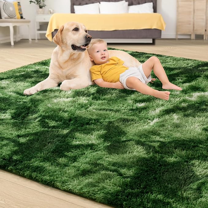 Tepook Fluffy Dark Green Rugs for Living Room Bedroom, 5x8 Soft Area Rug - Image 4