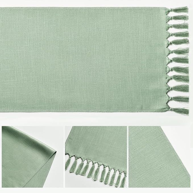 Artoid Mode Sage Green Tassel Table Runner, Spring Linen Blend Kitchen Table - Image 5