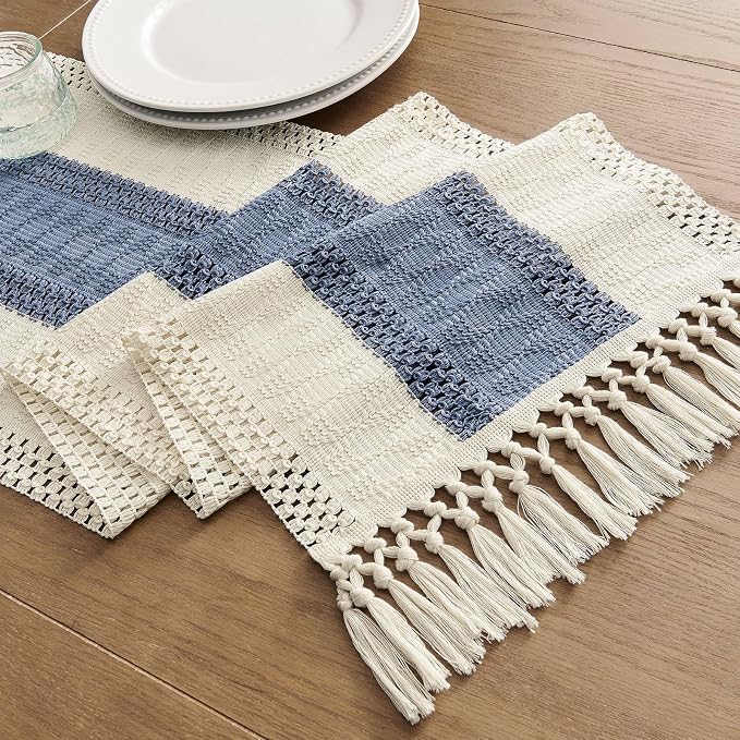 Macrame Style Bicolor Stitching Table Runner 14x108in Blue | Woven Boho Table - Image 7