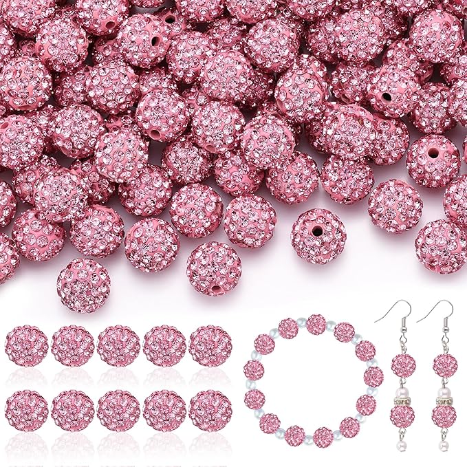105pcs 10mm Rhinestone Beads for Jewelry Making, Pink Shiny Round Disco Ball Beads Bulk, Sparkle Crystal Clay Christmas for Bracelet Baseball Necklace Earring Crafting and DIY
