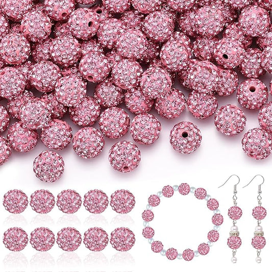 105pcs 10mm Rhinestone Beads for Jewelry Making, Pink Shiny Round Disco Ball Beads Bulk, Sparkle Crystal Clay Christmas for Bracelet Baseball Necklace Earring Crafting and DIY