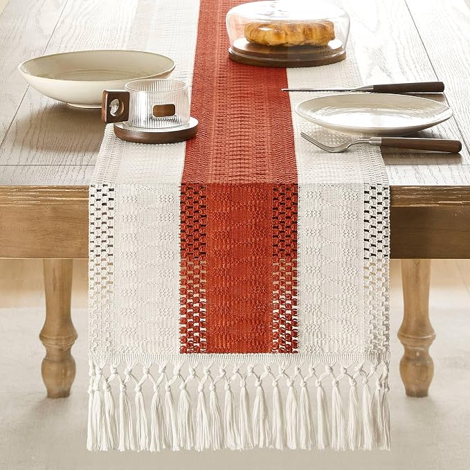 Macrame Style Bicolor Stitching Table Runner 14x90in Orange | Woven Boho Table - Image 2