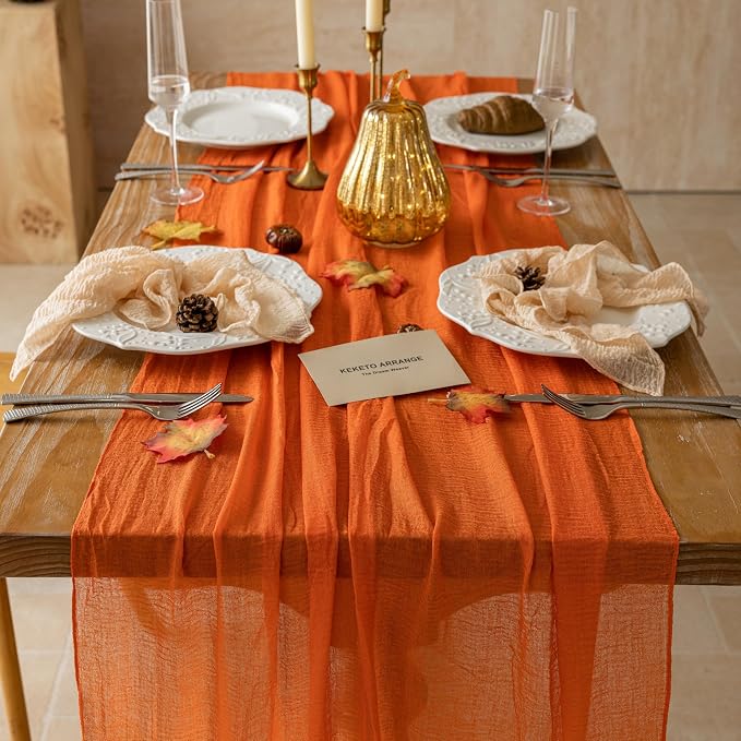 6Pcs Fall Orange Cheesecloth Table Runner 120 Inch Party Boho Home Decor | - Image 4