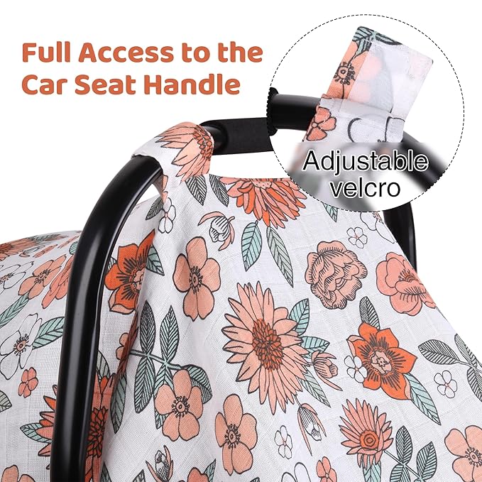 Rquite Car Seat Cover, Muslin Cotton Infant Car Seat Canopy, Breathable Baby Carrier Cover, Summer Stroller Sun Shade, Flower