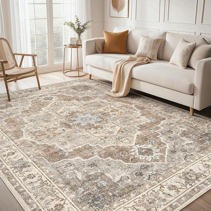 9x12 Washable Area Rug: Vintage Neutral Soft Non Slip Thin Large Floor Carpet by MICGEEK