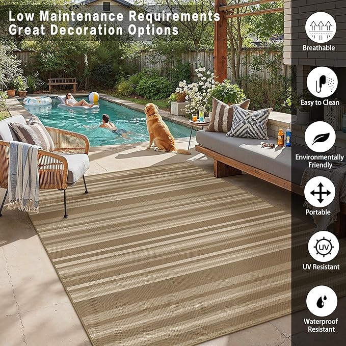 5x7 Easy Jute Stripe Area Rug Washable Beige Brown Indoor Outdoor Carpet Non - Image 4