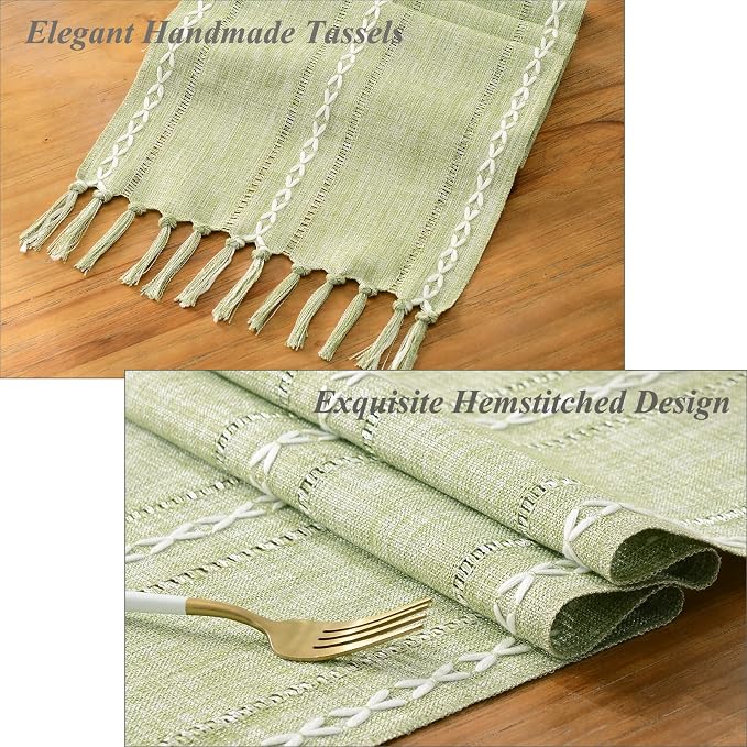 Wracra Rustic Linen Table Runner, Sage Green Table Runners 48 inches Long | - Image 2