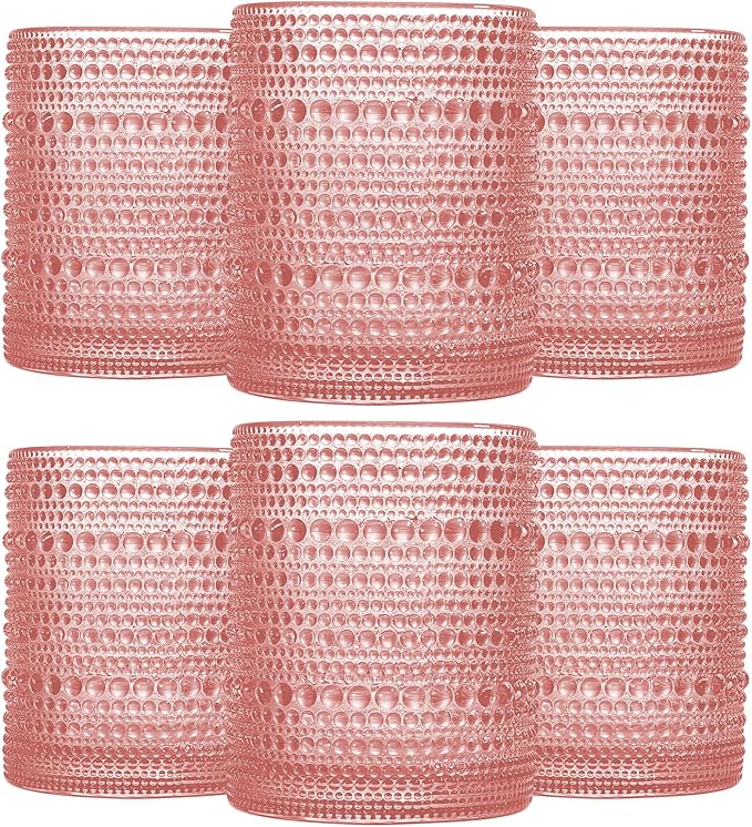 JOVGANK Pink Vintage Hobnail Drinking Glasses Set of 6, Embossed Water Tumbler by JOVGANK