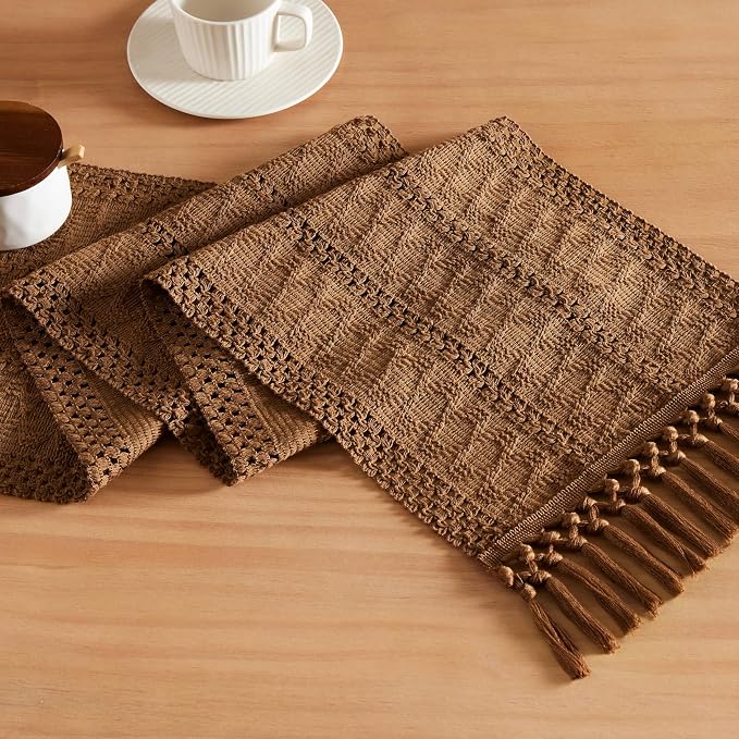 Macrame Style Boho Table Runner, 12x90 Inch Caramel | Woven Boho Table Runner by ZEEMARTONLINE