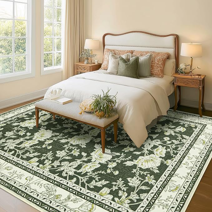 Olive Green Floral Print Area Rugs - Image 3