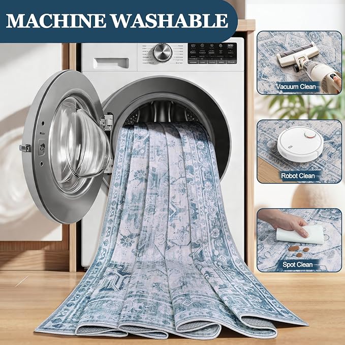 8x10 Area Rugs for Living Room:Blue Washable Vintage Medallion Boho Rug - Image 7