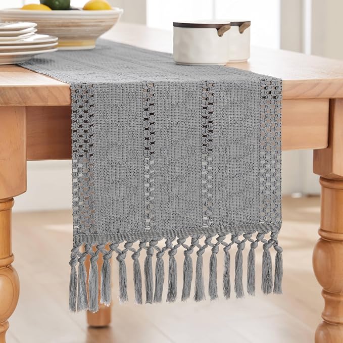 Macrame Style Boho Table Runner, 12x36 Inch Light Blue Grey | Woven Boho Table - Image 7