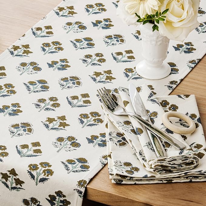Block Print Floral Decorative Table Runners, 13x36 Inch Brown | 100% Organic - Image 2