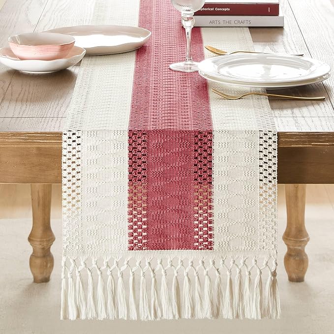 Macrame Style Bicolor Stitching Table Runner 14x36in Dusty Rose | Woven Boho - Image 2