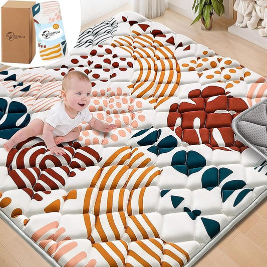 Baby Play Mats for Floor, 47x47 Playpen Mat for Babies, Extra Thicker & Soft Floor Crawling Mat, Foldable Non-Slip Playmat Cushioned for Infants Toddlers, Boho Leaf Design