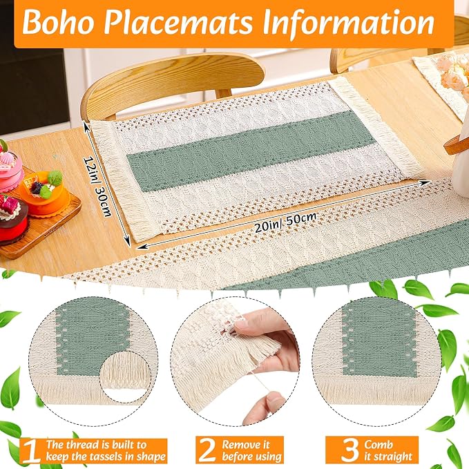 6 Sets Boho Decoration Placemats Round Woven Placemats, Cloth Napkins, Wood - Image 2