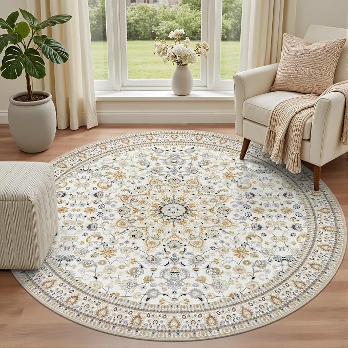 Round Area Rug for Living Room: 8 ft Washable Vintage Boho Soft Thin Circle Rug - Image 2