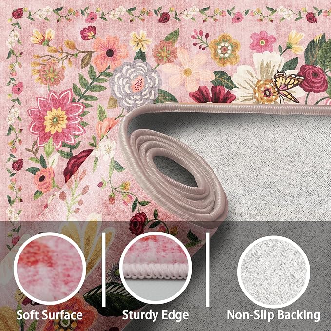 Pink Area Rugs 9x12 Washable Non Slip Floral Low Pile Large Rug - Image 2