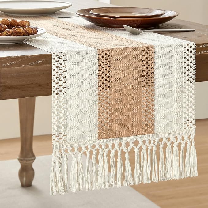 Macrame Style Bicolor Stitching Table Runner 14x108in Beige | Woven Boho Table by ZEEMARTONLINE