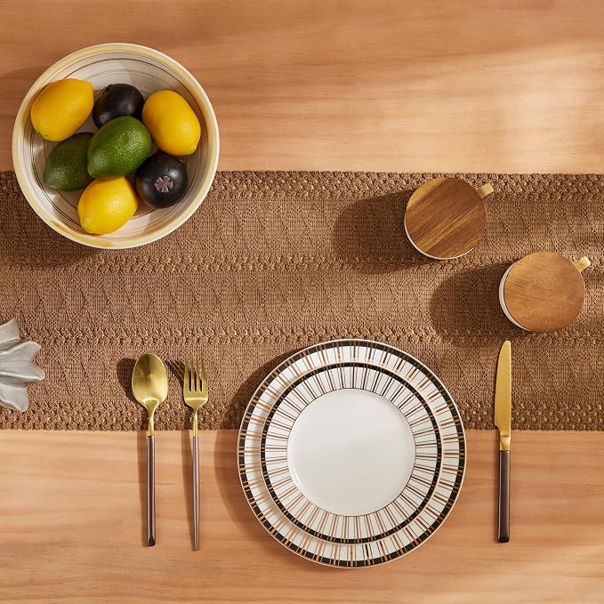 Macrame Style Boho Table Runner, 12x48 Inch Caramel | Woven Boho Table Runner - Image 4