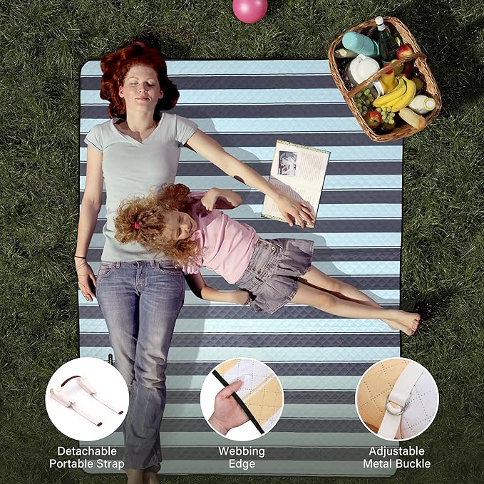 HX&OD Extra Large Picnic Outdoor Blanket, 80”x60” Waterproof Picnic Mat Foldable Camping Blanket Portable with Carry Strap for Beach Mat Outdoor Camping Party(Grey&Green)