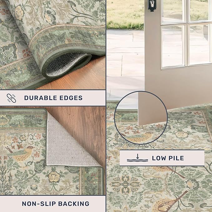 Hazo Haus 5x8 Vintage Sage Green Area Rug, Washable Botanical Bird Pattern Rug - Image 4