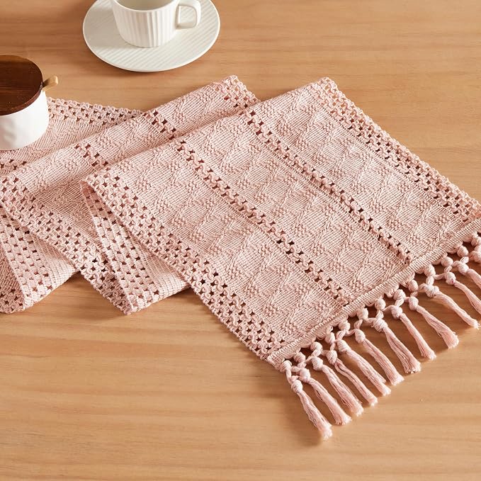 Macrame Style Boho Table Runner, 12x48 Inch Light Pink | Woven Boho Table Runner by ZEEMARTONLINE
