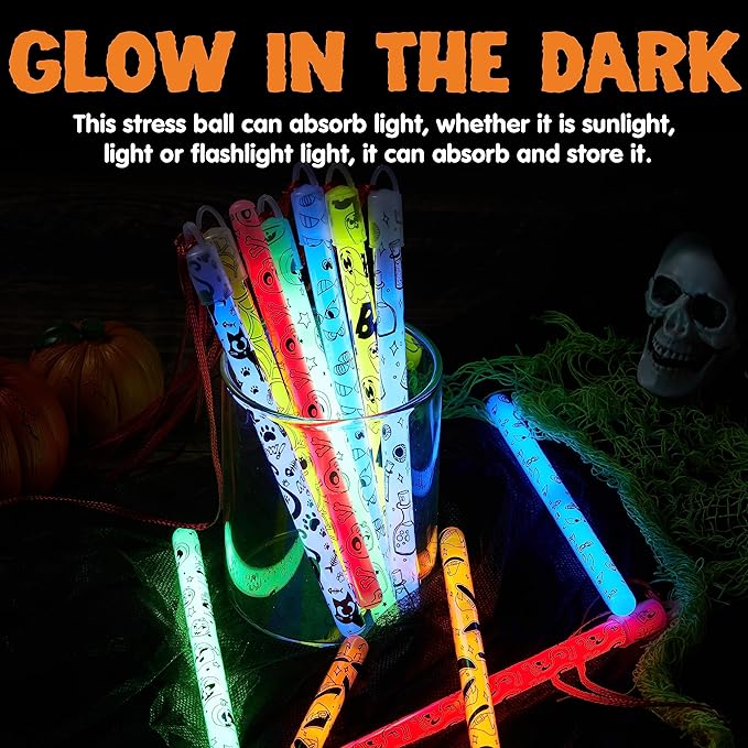JOYIN 24 Pcs Halloween Glow Stick Hanging Wands in 8 Different Pattern Designs and 6 Colors for Kids Party Favors, Halloween Party Supplies, Glow in the Dark, Goodies Bags Fillers, Non Candy Treats