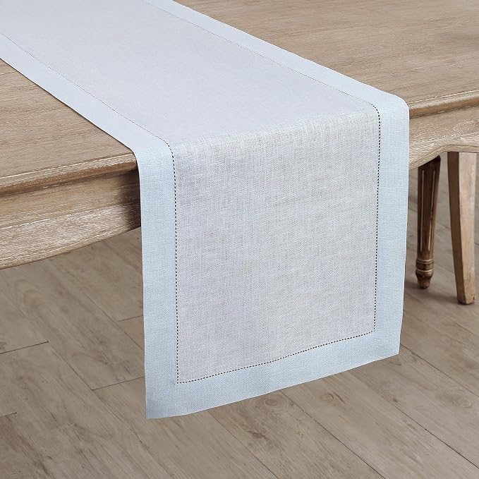 Solino Home 100% Pure Linen Table Runner Blue, Classic Hemstitch 14 x 60 in | - Image 2