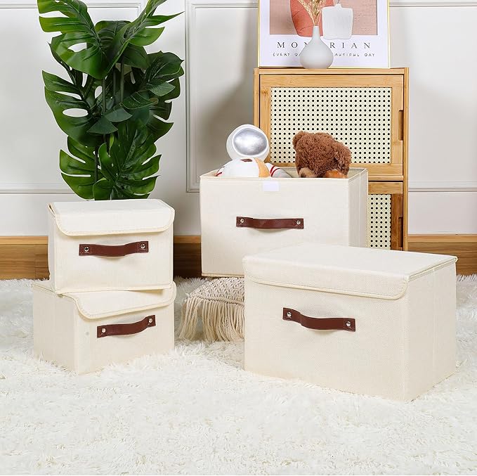 ANMINY 4PCS Storage Bins with Lid PU Leather Handles Storage Boxes PP Plastic Board Decorative Foldable Lidded Cotton Linen Fabric Home Cubes Baskets Closet Organizer Containers - Beige, Small Size
