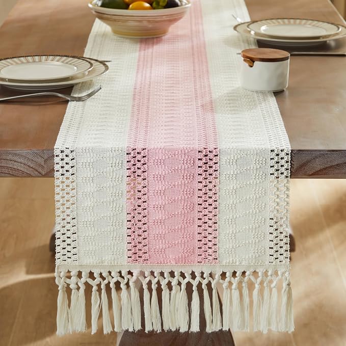 Macrame Style Bicolor Stitching Table Runner 14x108in Light Pink | Woven Boho - Image 3