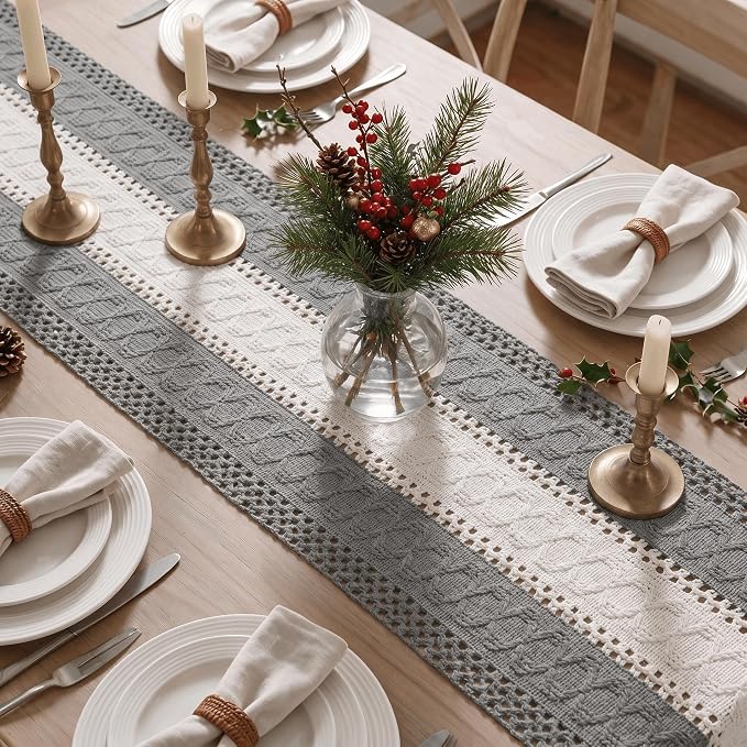 Artoid Mode Grey Farmhouse Woven Table Runner 12x108 Inch | Seasonal Holiday - Image 3