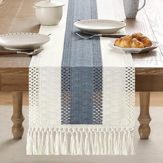 Macrame Style Bicolor Stitching Table Runner 14x108in Navy | Woven Boho Table - Image 2