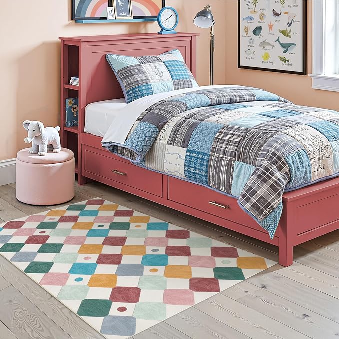jinchan Macy 4x6 Area Rug for Kids Room Modern Colorful Checkered Diamond - Image 3