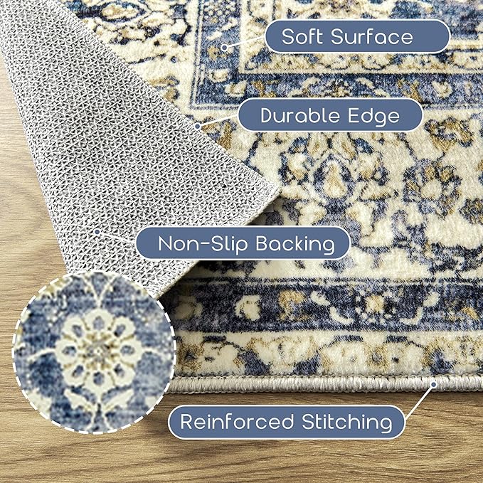 Blue Area Rug for Living Room 8x10 Washable Vintage Farmhouse Big Large Boho - Image 3
