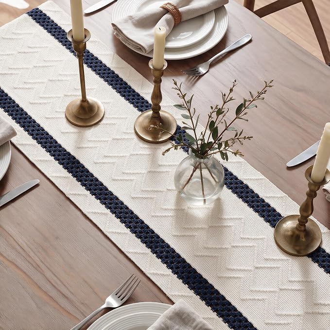 Artoid Mode Dark Blue Stripe Woven Rustic Table Runner 12x90 Inch | Holiday - Image 4