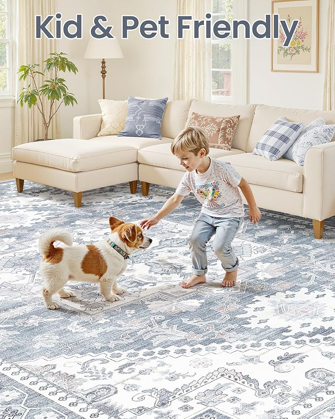 10x14 Vintage Area Rug: Washable Neutral Soft Non Slip Thin Large Floor Carpet - Image 6