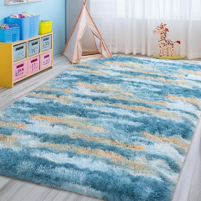 9x12 Fluffy Shag Area Rugs, Ultra Soft Non-Slip Abstract Blue Plush Carpet - Image 5