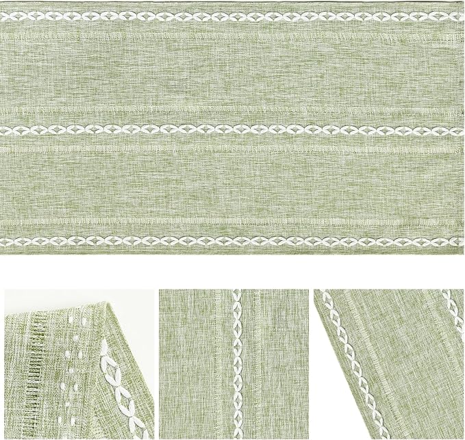 Artoid Mode Sage Green Rustic Cotton Linen Table Runner, Seasonal Embroidered - Image 6