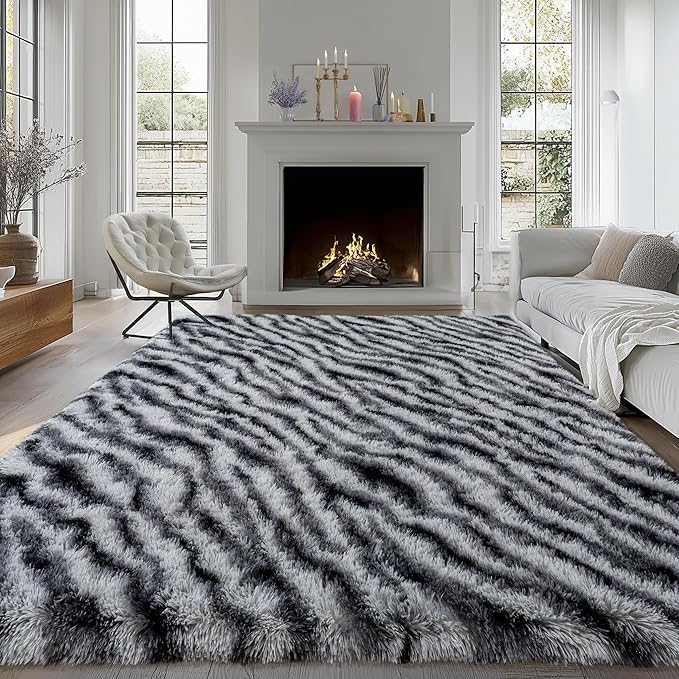 8x10 Large Area Rugs for Living Room, Soft Black White Zebra Big Shag Rug for - Image 2